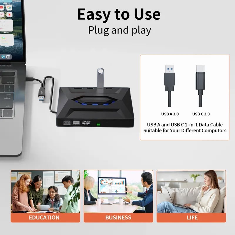 Laptop DVD Player USB C 3.0 Portable CD Burner with SD/TF Card Slot & 4 USB Ports Compatible with Mac, Windows, Linux