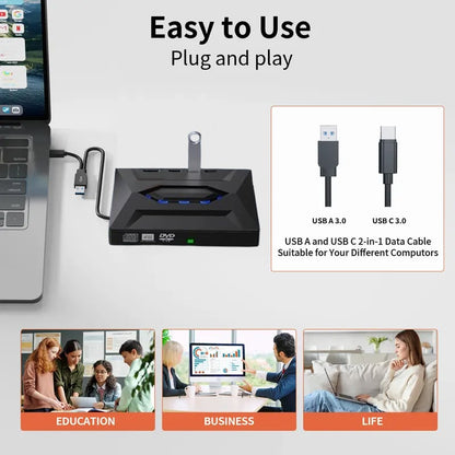 Laptop DVD Player USB C 3.0 Portable CD Burner with SD/TF Card Slot & 4 USB Ports Compatible with Mac, Windows, Linux