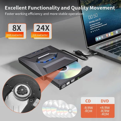 Laptop DVD Player USB C 3.0 Portable CD Burner with SD/TF Card Slot & 4 USB Ports Compatible with Mac, Windows, Linux